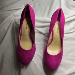 Fuschia 4” suede pumps.